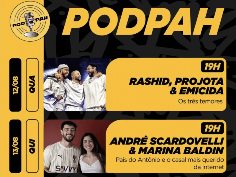 Emicida, Rashid e Projota estarão juntos no Podpah nesta quarta (12)